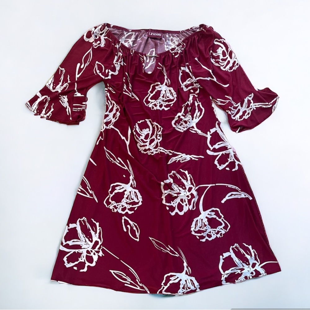 Floral Bell Sleeve Stretchy Midi Dress Wine Plum Burgundy Red White Lines M